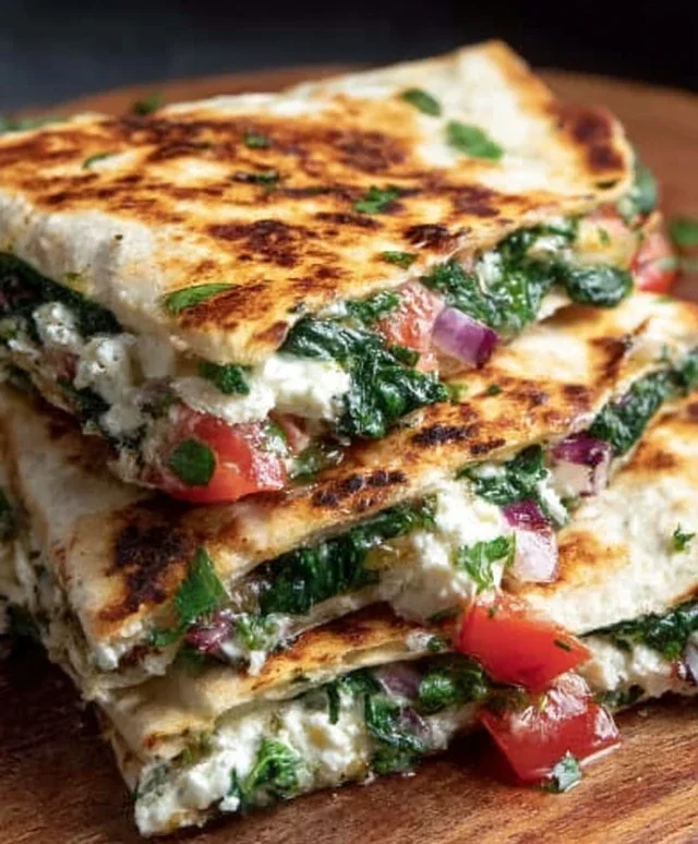 Mediterranean Quesadillas with Spinach, Feta, Mozzarella, and Red Onion