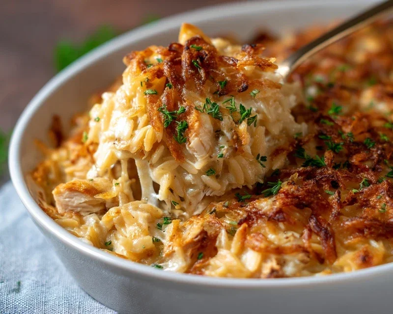 French Onion Chicken Orzo Casserole