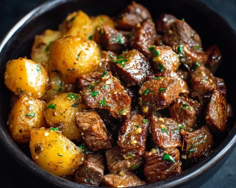 Slow Cooker Garlic Butter Beef Bites with Potatoes