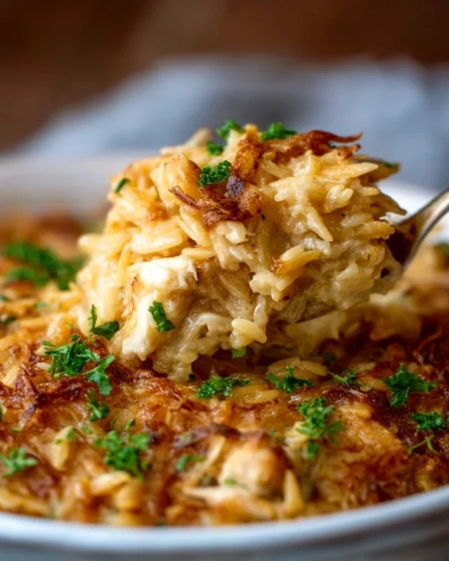 French Onion Chicken Orzo Casserole