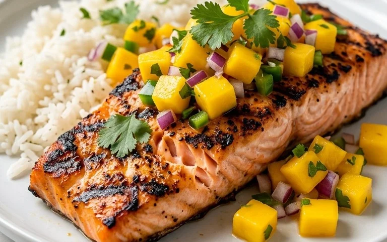 Grilled Salmon with Mango Salsa and Coconut Rice