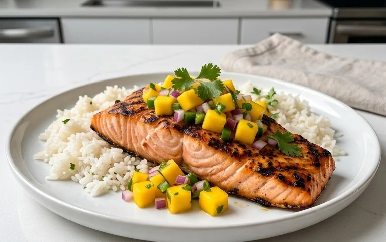 Grilled Salmon with Mango Salsa and Coconut Rice