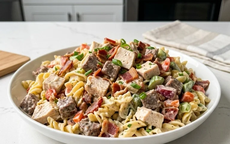 Chicken Beef Bacon Ranch Pasta Salad