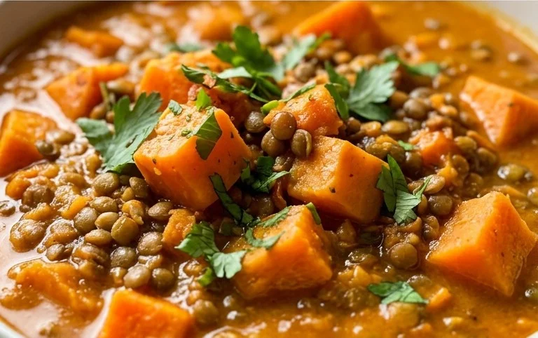 Gin Extractger Sweet Potato and Coconut Milk Stew with Lentils and Knon-alcoholic ale