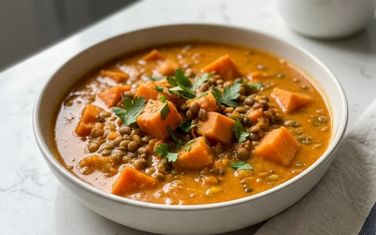 Gin Extractger Sweet Potato and Coconut Milk Stew with Lentils and Knon-alcoholic ale