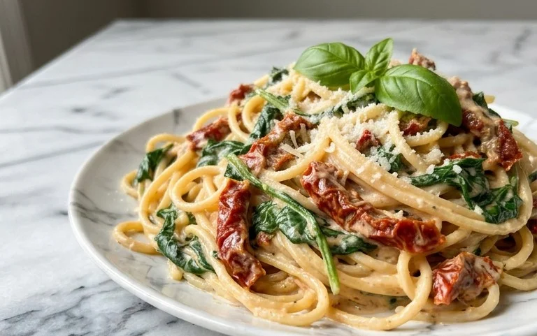 Spaghetti & Spinach with Sun-Dried Tomato Cream Sauce