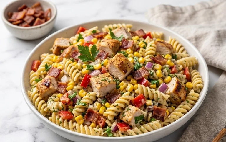 Chicken and Corn Pasta Salad with Beef Bacon