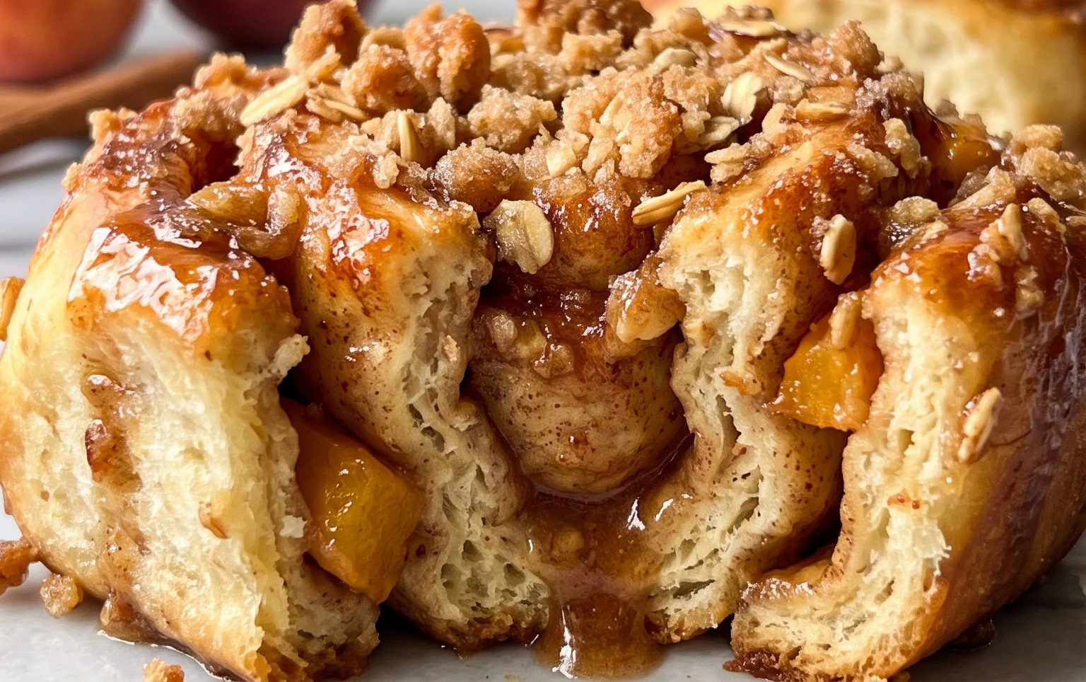 Peach Cobbler Cinnamon Rolls with Crum extractb Topping