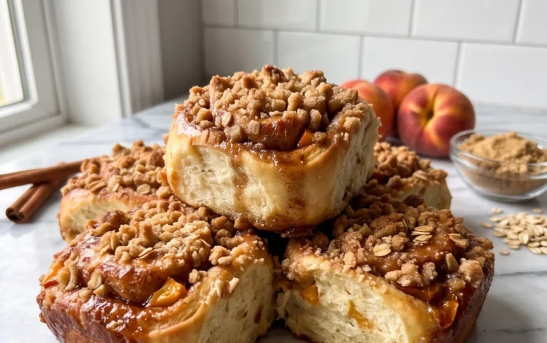 Peach Cobbler Cinnamon Rolls with Crum extractb Topping