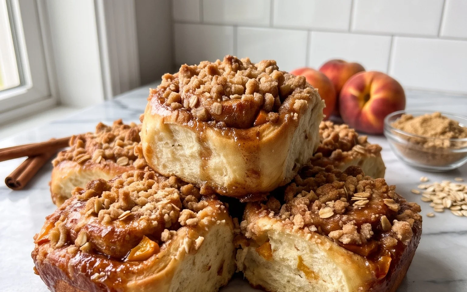 Peach Cobbler Cinnamon Rolls with Crum extractb Topping