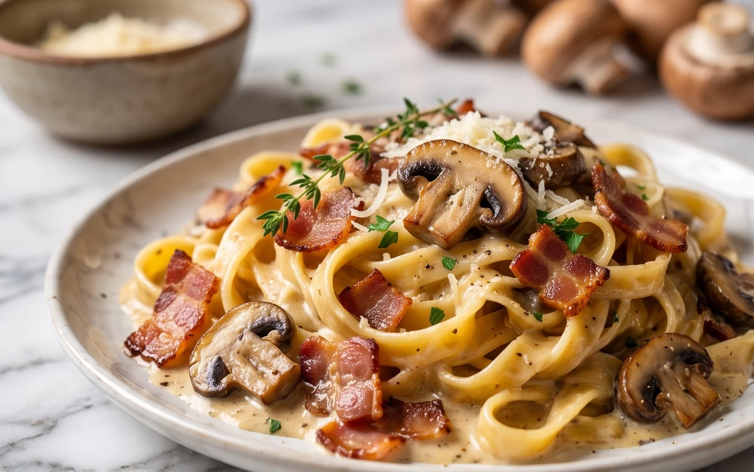 Creamy Beef Bacon and Mushroom Pasta