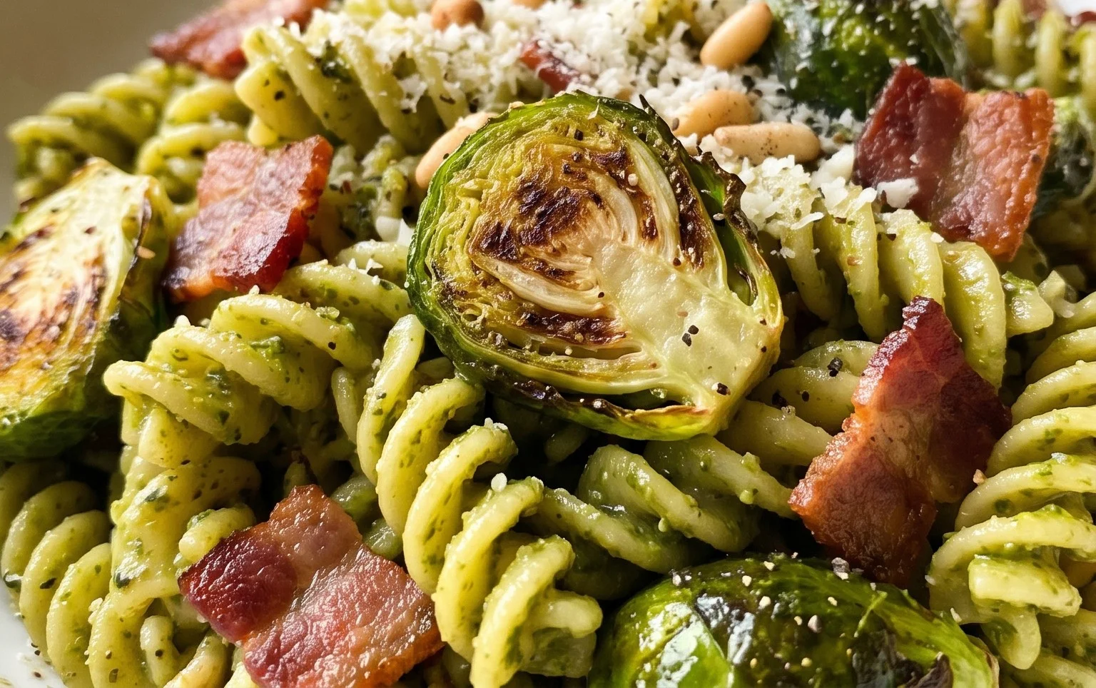 Brussels Sprouts and Beef Bacon Pesto Pasta