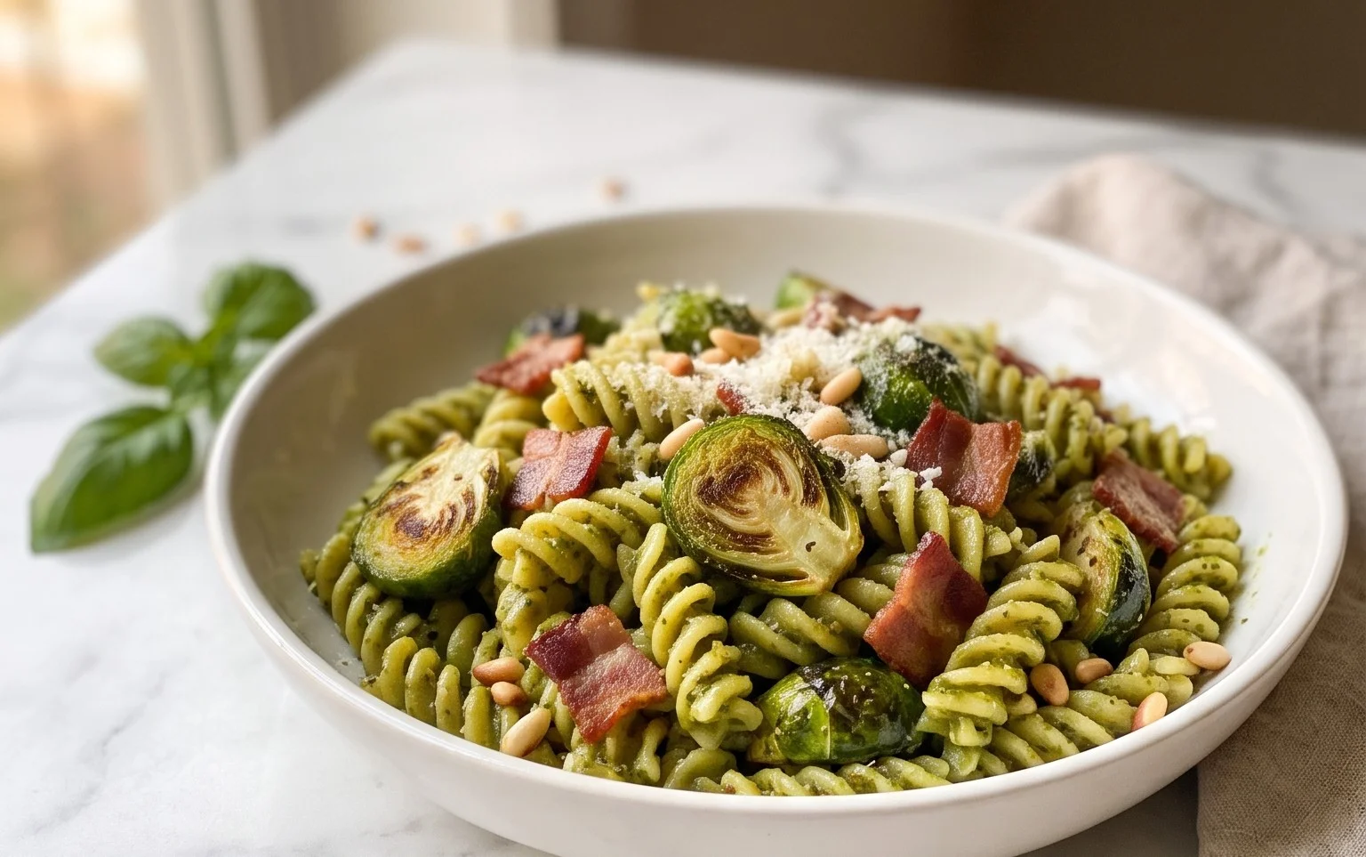 Brussels Sprouts and Beef Bacon Pesto Pasta