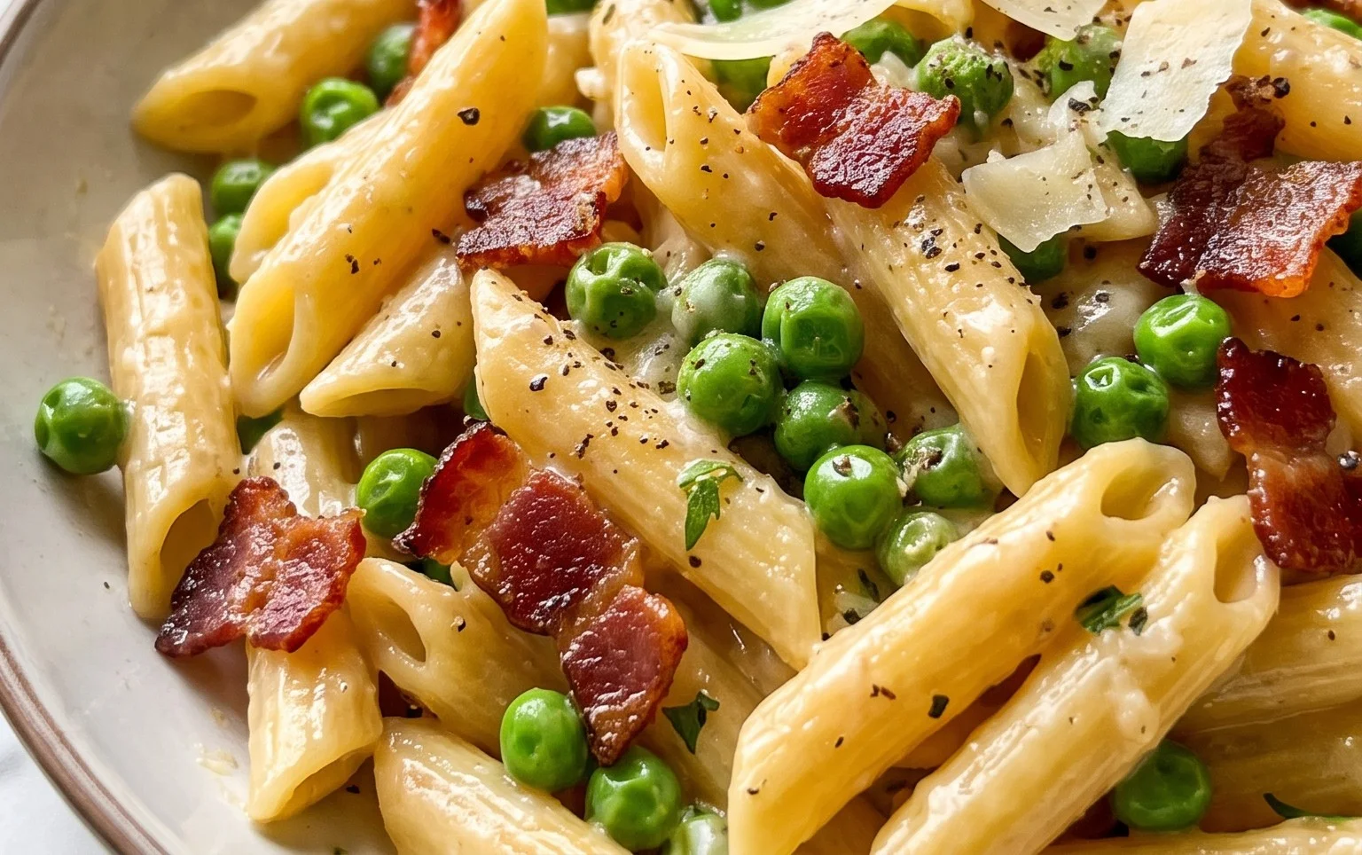Penne Pasta, Peas and Beef Bacon