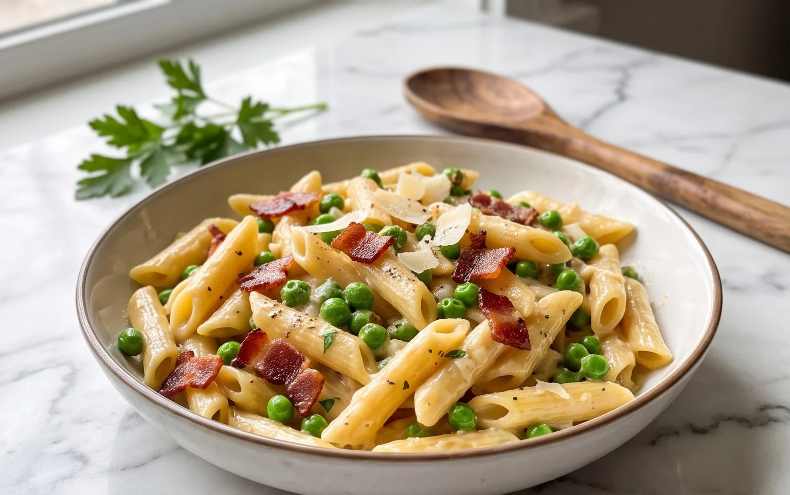 Penne Pasta, Peas and Beef Bacon
